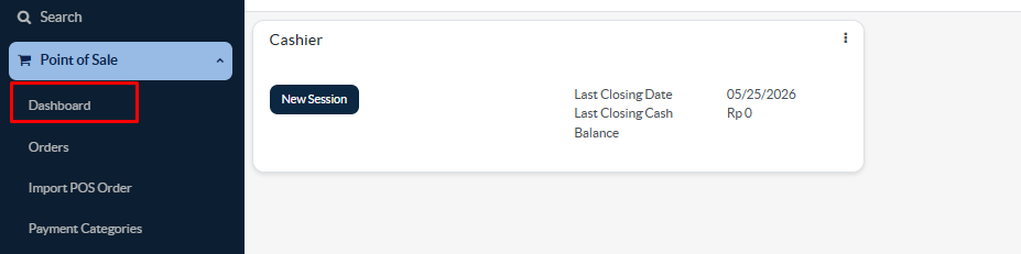 Pada sidebar sebelah kiri, klik menu Point of Sale kemudian pilih submenu Dashboard .