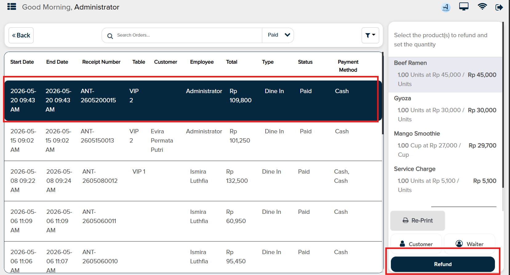 Pilih transaksi yang ingin dibatalkan ( refund ), lalu klik tombol refund seperti di gambar berikut :