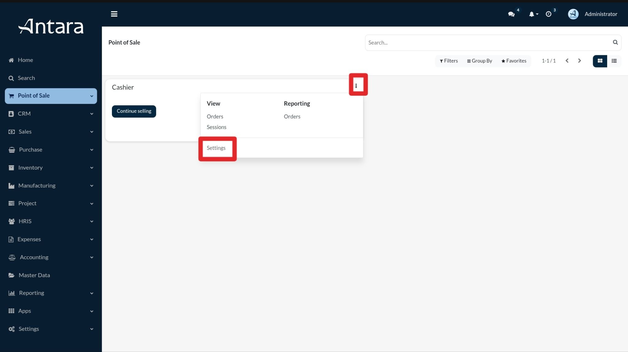 Masuk ke modul Point Of Sale, klik titik tiga yang ada di sebelah kanan dan cari “ settings ”