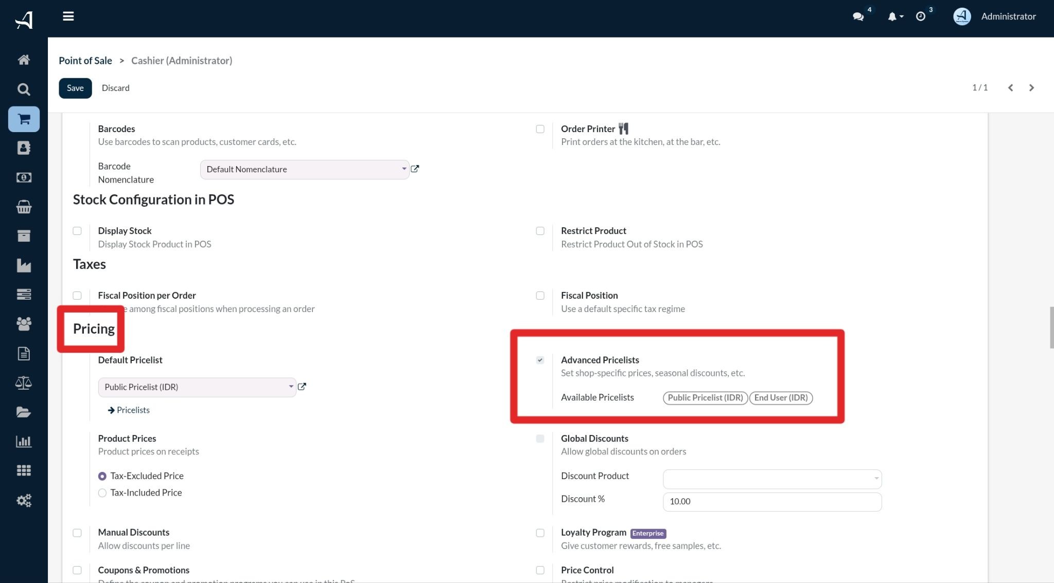Setelah masuk ke bagian “ Settings ”, gulir ke bawah sampai menemukan tombol bagian Pricing lalu pilih “ Advanced Pricelist ”.