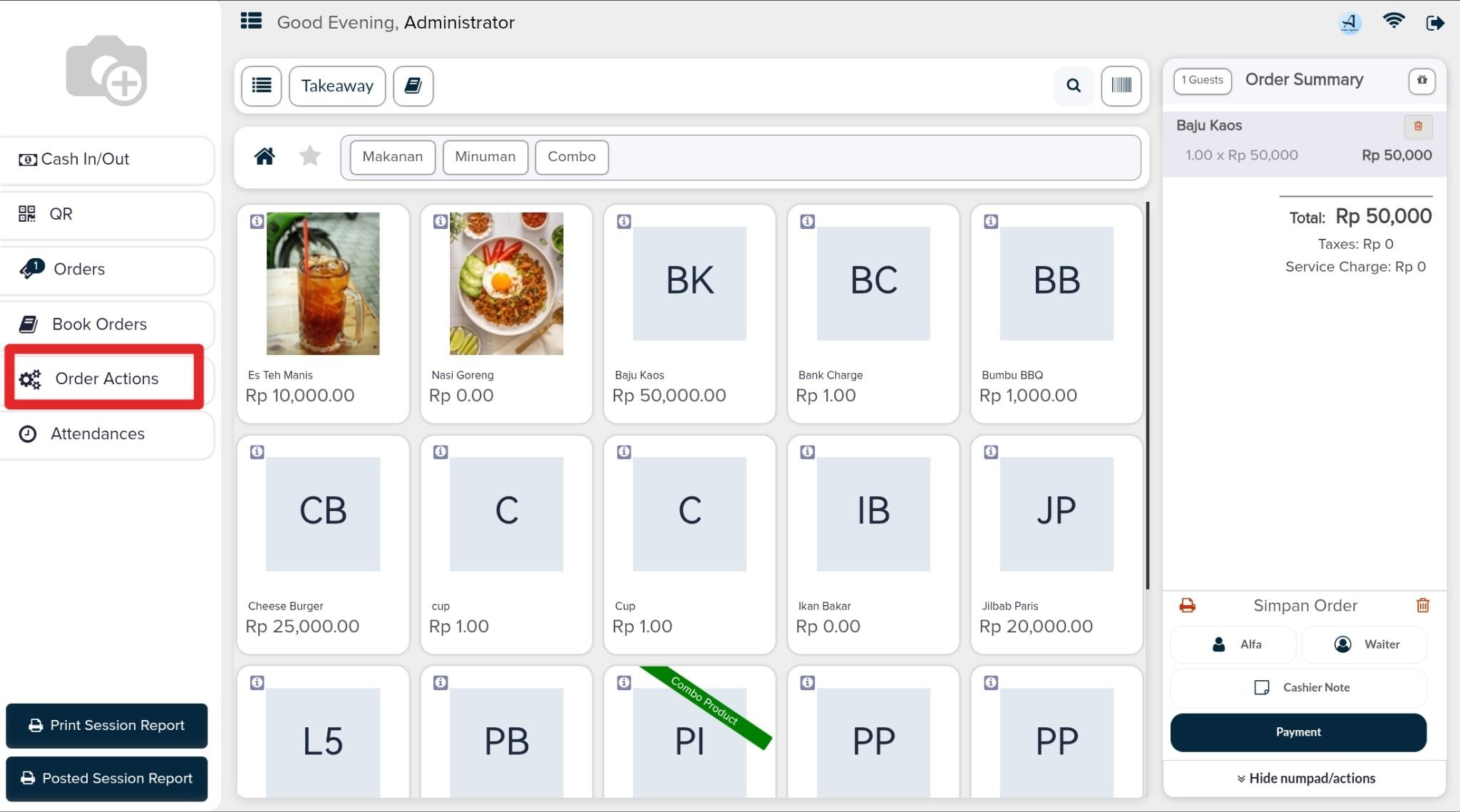 Selanjutnya, masuk ke halaman kasir dan pilih produk yang sudah di setting sebelumnya. Lalu pilih “ Order Actions ”