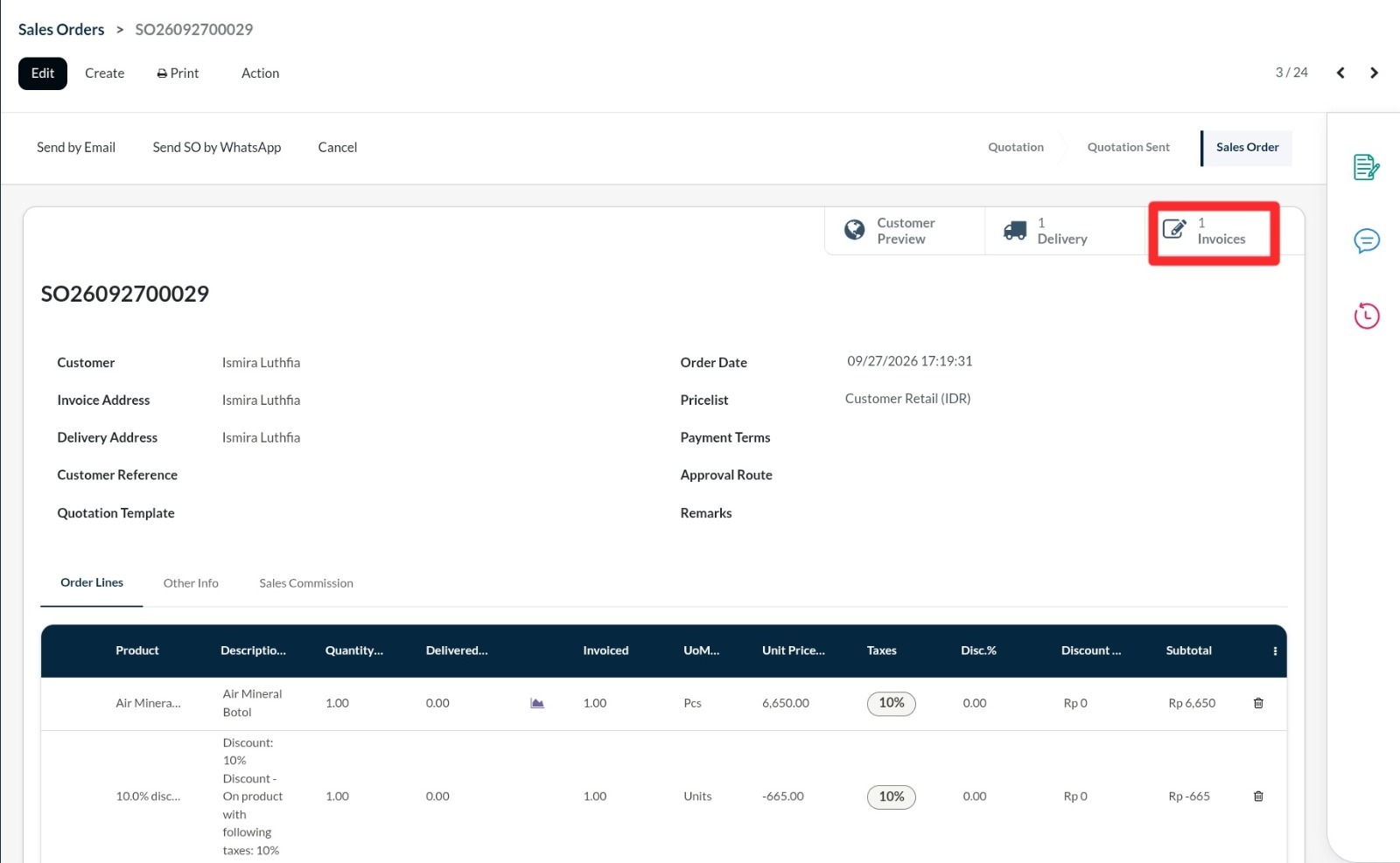 Buka Dokumen Invoice Pada halaman Sales Order, klik ikon invoice yang terletak di pojok kanan atas sebelah ikon truck (Delivery)