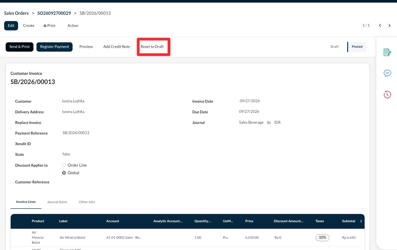 Kembalikan Invoice ke Draft Jika invoice sudah berstatus Posted dan tombol Reset to Draft tersedia, klik tombol tersebut untuk…