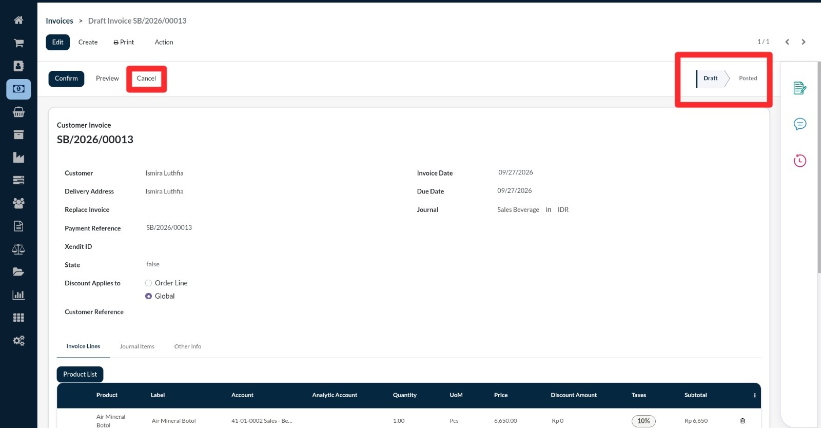 Batalkan Invoice Setelah invoice kembali ke status Draft, klik tombol Cancel untuk membatalkan invoice. Pastikan invoice sudah benar-benar…